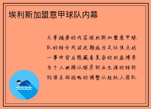 埃利斯加盟意甲球队内幕