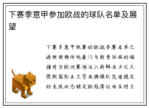 下赛季意甲参加欧战的球队名单及展望