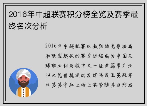 2016年中超联赛积分榜全览及赛季最终名次分析